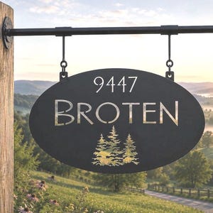 Personalized Sign Evergreen Tree Custom Door Plaque Oval Metal Address Sign Outdoor Family Name Marker Entrance Rustic Home Wall Gift Realto image 3