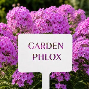 White powder coated metal garden sign in front of lovely garden phlox