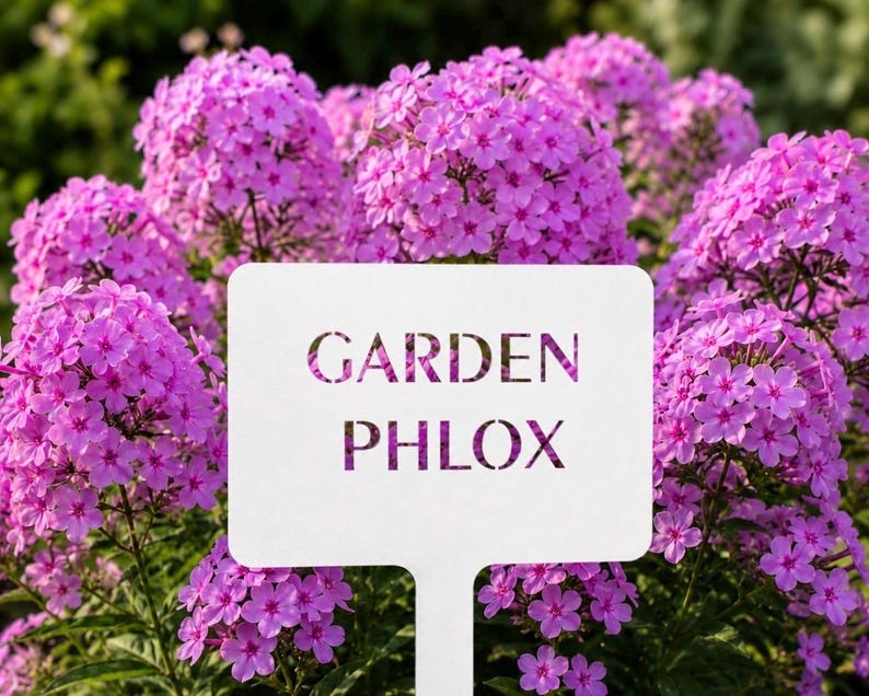 White powder coated metal garden sign in front of lovely garden phlox