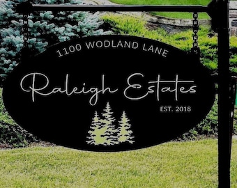 Personalized Sign Evergreen Tree Custom Door Plaque Oval Metal Address Sign Outdoor Family Name Marker Entrance Rustic Home Wall Art Gift