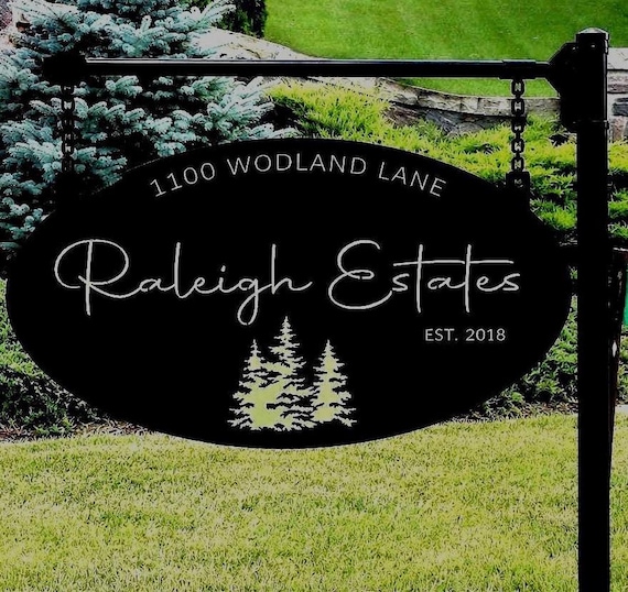 Personalized Sign Evergreen Tree Custom Door Plaque Oval Metal Address Sign Outdoor Family Name Marker Entrance Rustic Home Wall Art Gift
