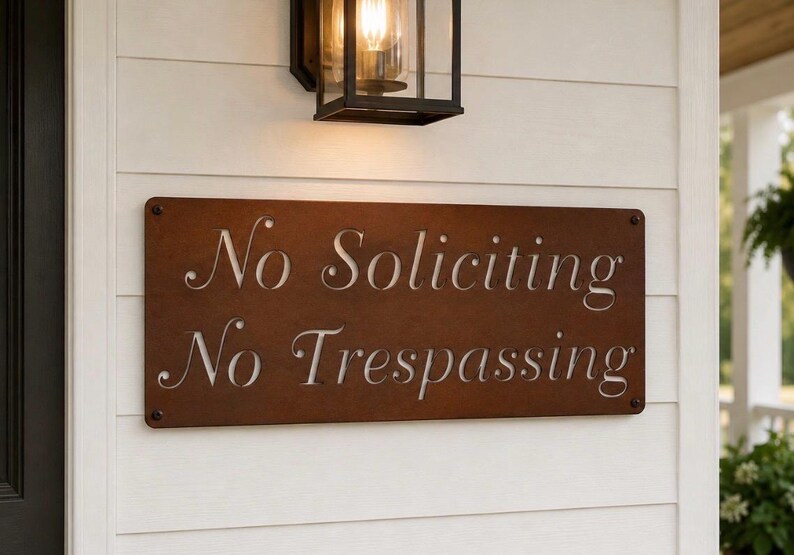 No Soliciting Sign Metal Warning No Trespassing Private Property Front Entrance Outdoor Home Security Door Plaque 14 gauge Steel auburn acid
