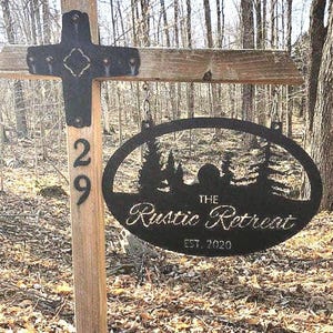 Personalized Metal Sign Mountain Home Address Plaque Custom Nameplate Sunset Design Evergreen Tree Nature Artwork Dad Gift Rustic Outdoor