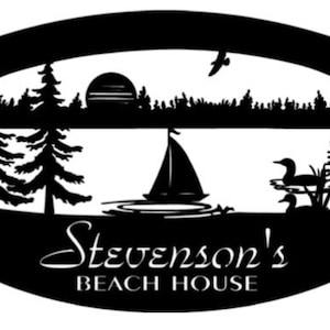 Metal Sailboat lake Sign , lake evergreen sailboat sign ,  lake sign customized with your name