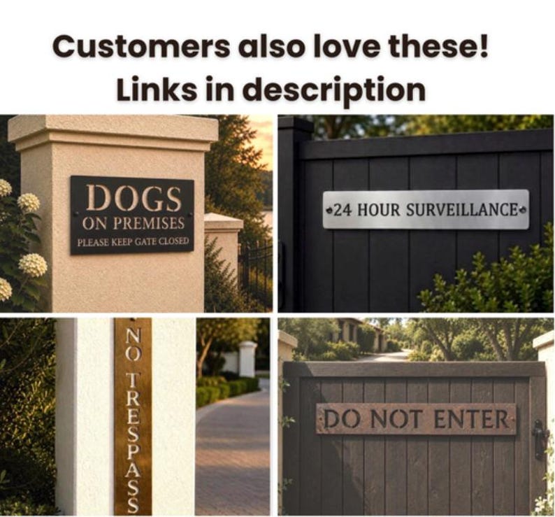 Pu&ograve; includere: Una collezione di quattro insegne rettangolari per cancelli e recinzioni. Le insegne riportano il testo DOGS ON PREMISES PLEASE KEEP GATE CLOSED, 24 HOUR SURVEILLANCE, NO TRESPASSING e DO NOT ENTER in varie finiture metalliche e caratteri.