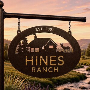 Custom Cabin Deer Sign Metal Laser Cut Design Personalized Name Plaque Family Established Date Rustic Hunting Lodge Entrance Marker Wildlif