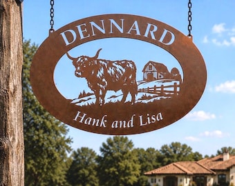 Metal Farm Sign Personalized Barn Rustic Highland Cattle Countryside Name Custom Ranch Husband Rancher Gift Homestead Entrance Outdoor