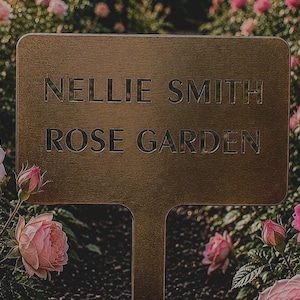 Metal plant marker with bronze patina and baked on clear powder coat for long life