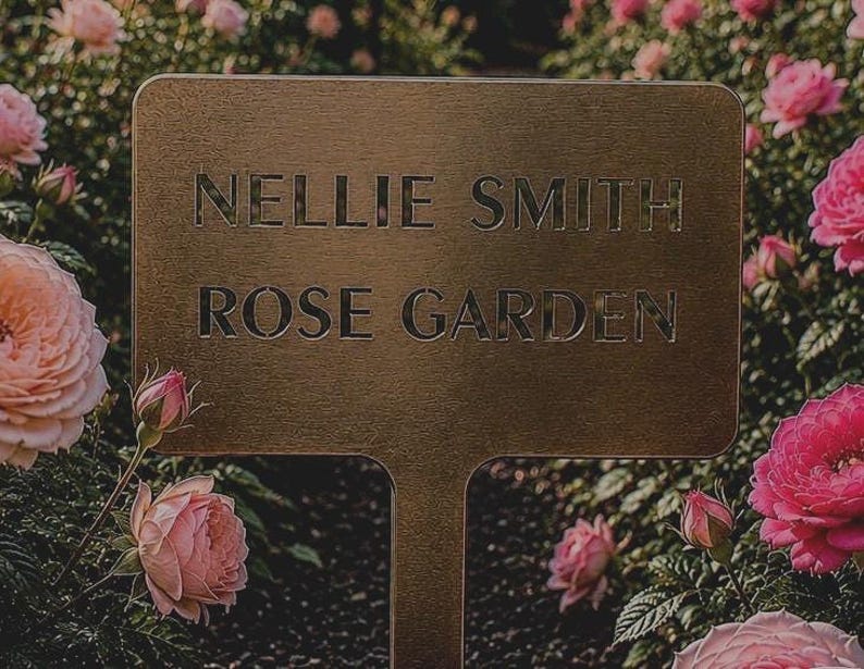 Metal plant marker with bronze patina and baked on clear powder coat for long life