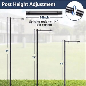 Puede incluir: Un sistema de ajuste de altura de poste de metal negro con varillas de empalme modulares. La imagen muestra tres configuraciones que miden 213 cm, 183 cm y 163 cm de altura total, con cada secci&oacute;n de varilla midiendo 36 cm de largo.