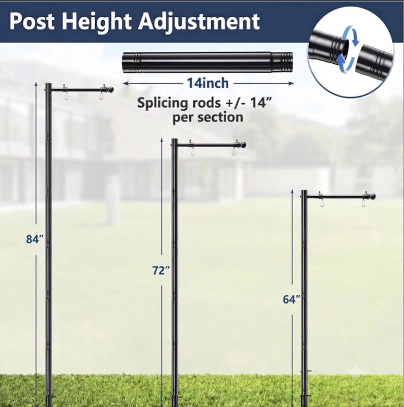 Puede incluir: Un sistema de ajuste de altura de poste de metal negro con varillas de empalme modulares. La imagen muestra tres configuraciones que miden 213 cm, 183 cm y 163 cm de altura total, con cada secci&oacute;n de varilla midiendo 36 cm de largo.