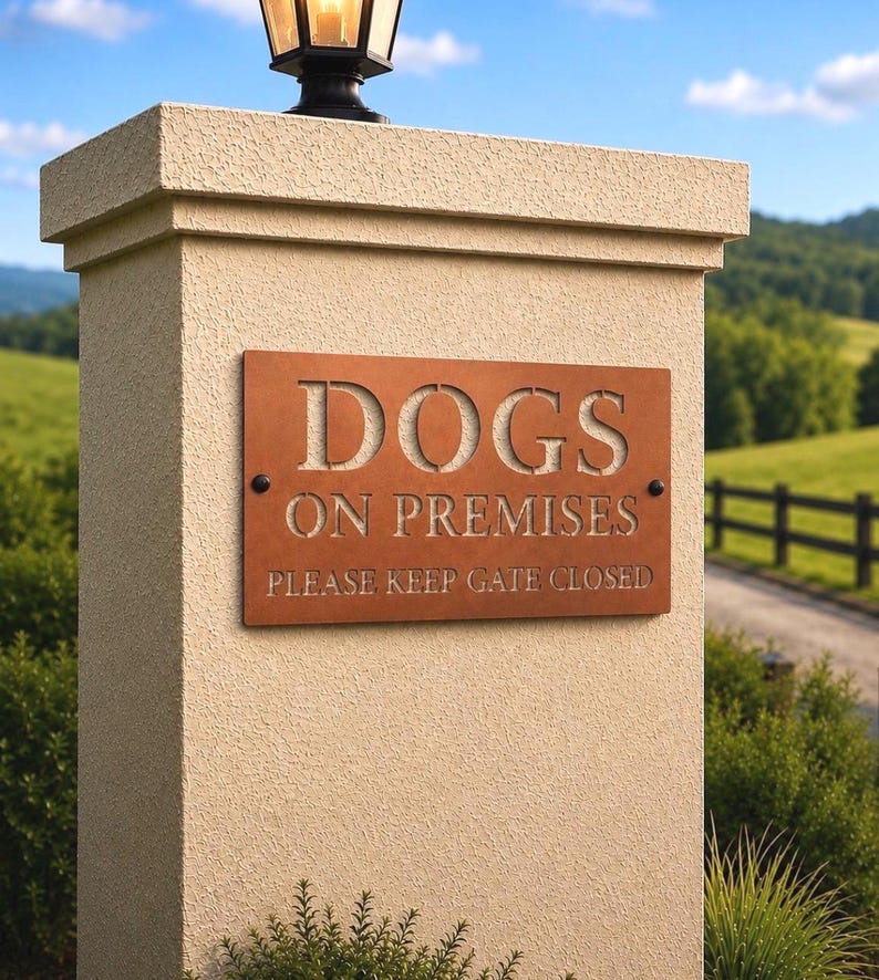 Pu&ograve; includere: Una targa rettangolare in metallo color ruggine montata su un pilastro beige testurizzato. La targa presenta lettere ritagliate che recitano DOGS ON PREMISES e un testo inciso sotto che dice PLEASE KEEP GATE CLOSED. Fissata con due viti scure.