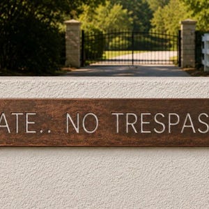 Può includere: Una targa rettangolare in metallo color ruggine con finitura testurizzata, recante il testo inciso in bianco "PRIVATE.. NO TRESPASSING". La targa è montata orizzontalmente con due viti nere alle estremità su una parete di colore chiaro.
