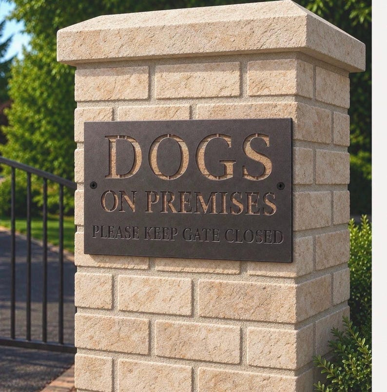 Pu&ograve; includere: Una targa rettangolare in metallo marrone scuro montata su un pilastro in mattoni color sabbia chiaro. La targa presenta lettere ritagliate con la scritta DOGS ON PREMISES e testo inciso sotto PLEASE KEEP GATE CLOSED, fissata con due viti.