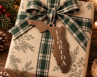 Florida-Weihnachtsbaumschmuck aus Metall, rustikale Weihnachtsdekoration in Staatsform, Erinnerungsgeschenk, Strumpffüller, Stolz auf den Sunshine State