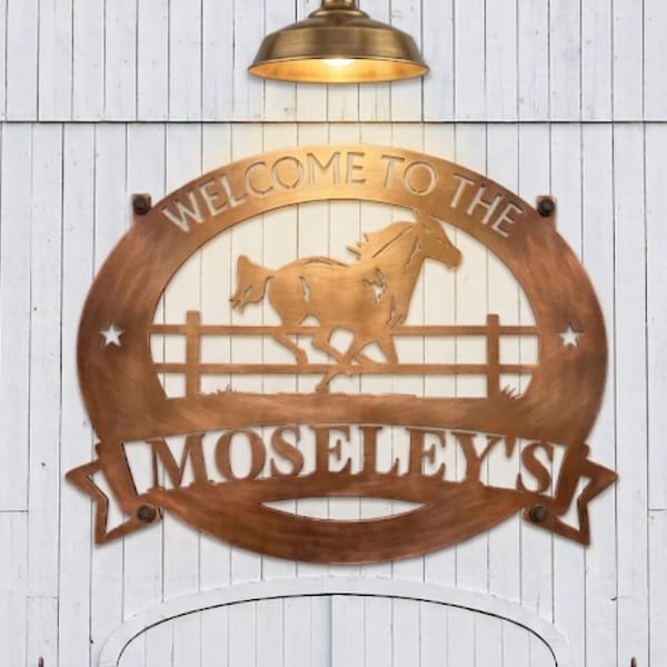 Personalized Horse Sign Metal Welcome Art Custom Ranch Entrance Name Plaque Steel Galloping Animal Silhouette Western Home Wall
