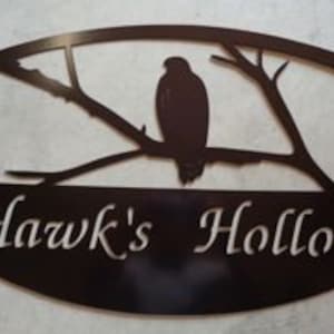 Metal  Sign with  hawks sitting on branch customized with your name