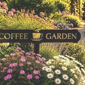 Coffee Garden Sign Landscape Marker Metal Stake Yard Art Outdoor Display Powder Coat Steel Ornament Enthusiast Gift Idea Java Fan