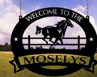 Metal HORSE sign with galluping horse and your name in banner