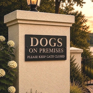 May include: A rectangular black metal sign mounted on a beige textured stone pillar. The sign features white text that reads DOGS ON PREMISES and PLEASE KEEP GATE CLOSED. A black outdoor lantern sits on top of the pillar above the sign.