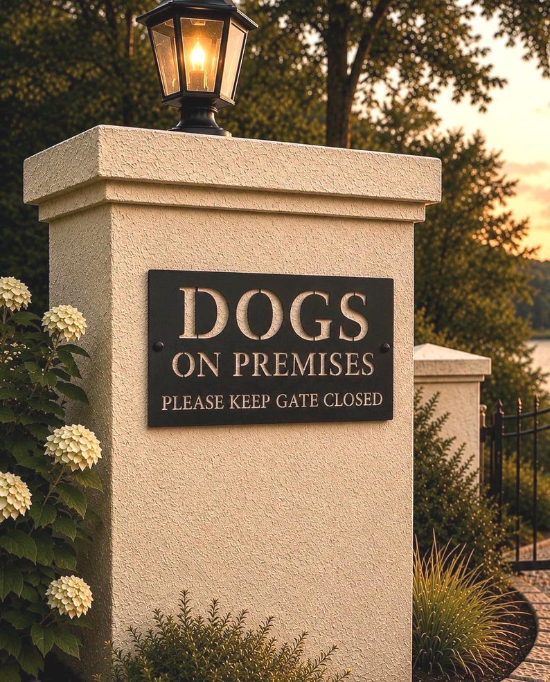 Pu&ograve; includere: Una targa rettangolare in metallo nero montata su un pilastro in pietra beige testurizzata. La targa presenta il testo bianco DOGS ON PREMISES e PLEASE KEEP GATE CLOSED. Una lanterna da esterno nera si trova sopra il pilastro.