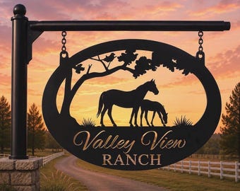 Horse Ranch Sign Custom Metal Horse Sign Personalized Farm Name Plaque Mare Foal Picture Art Western Gate Entrance Display Outdoor Property