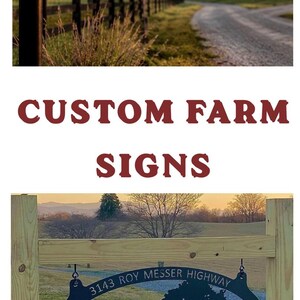 May include: A collection of oval-shaped black metal farm signs featuring custom silhouettes of livestock, farm equipment, and trees. Each sign displays personalized text such as Rowley Farm, Salisbury, Wood Family Farm, and Lyndsey Equestrian with established dates.