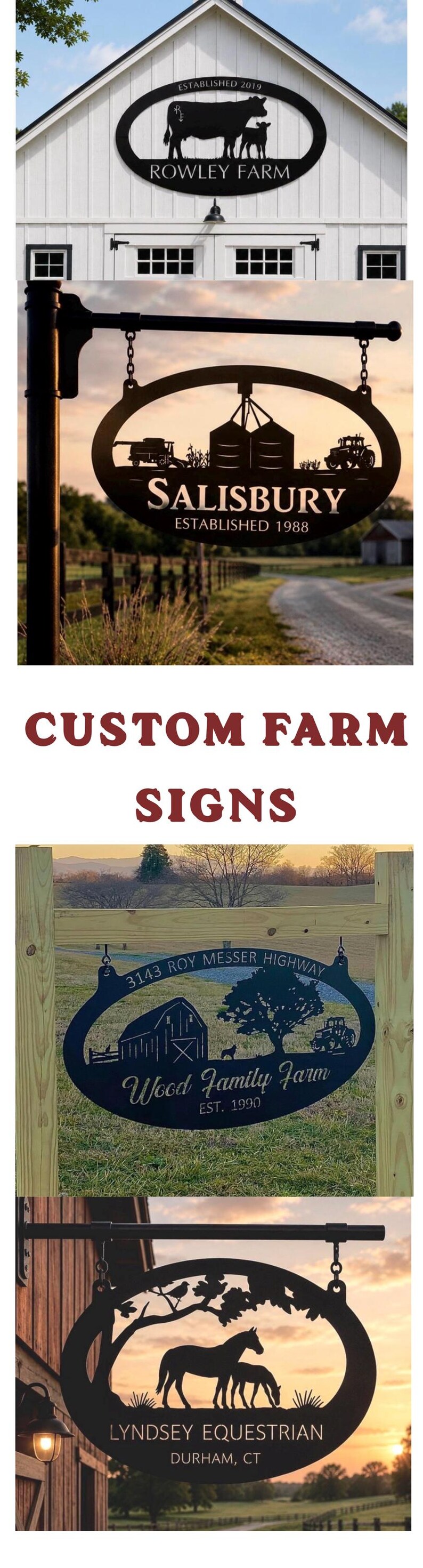 May include: A collection of oval-shaped black metal farm signs featuring custom silhouettes of livestock, farm equipment, and trees. Each sign displays personalized text such as Rowley Farm, Salisbury, Wood Family Farm, and Lyndsey Equestrian with established dates.