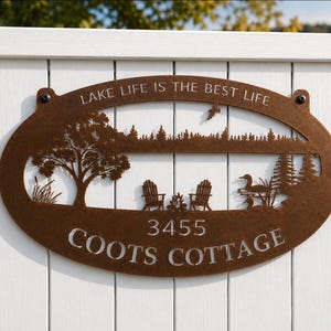Metal Lake Sign Personalized Camping Rustic Cabin Entrance Wildlife Nature Sign Custom Lakehouse Property Marker Outdoor Mountain Home