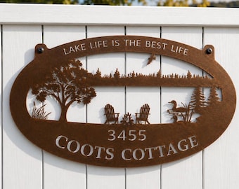 Metal Lake Sign Personalized Camping Rustic Cabin Entrance Wildlife Nature Sign Custom Lakehouse Property Marker Outdoor Mountain Home