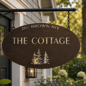 Personalized Sign Evergreen Tree Custom Door Plaque Oval Metal Address Sign Outdoor Family Name Marker Entrance Rustic Home Wall Gift Realto image 5