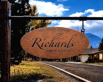 Metal Address Sign Custom House Number Plaque Personalized Name Oval Metal Family Sign Laser Cut Outdoor Entrance Rustic Farmhouse Sign