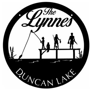 Custom metal sign with Fishing family on dock