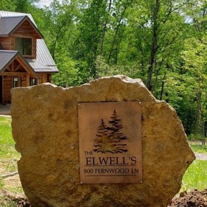 Metal address sign with evergreens, address sign with tree
