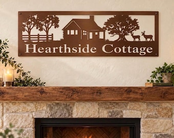 Custom Cabin Sign Personalized Farm Entrance Marker Cottage Driveway Topper Metal Gate Outdoor Mantle Wall Art Gift Parent