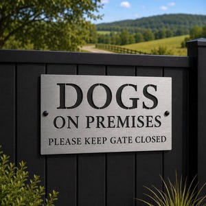 Pu&ograve; includere: Una targa rettangolare in metallo spazzolato con scritte nere che recitano DOGS ON PREMISES e PLEASE KEEP GATE CLOSED. La targa &egrave; fissata con due elementi circolari neri su una recinzione a doghe verticali nere dal design industriale pulito.