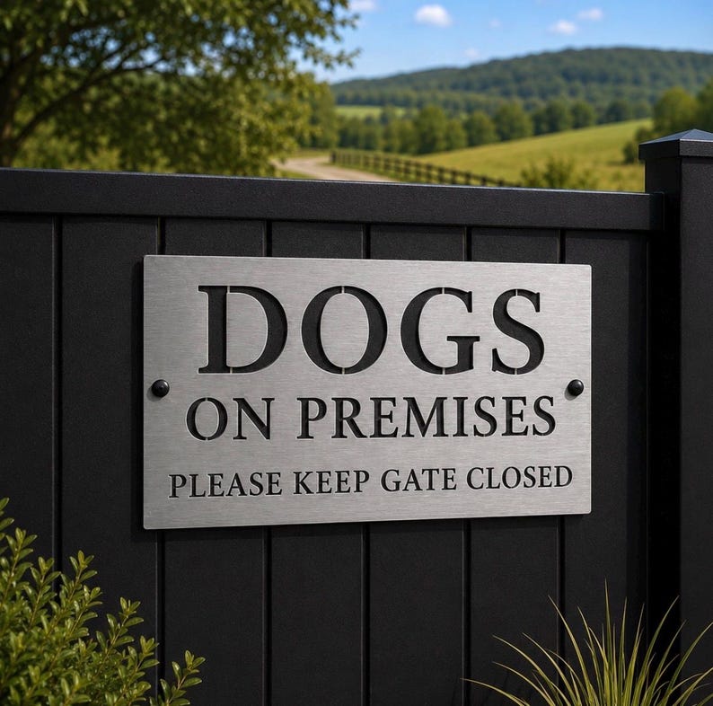 Pu&ograve; includere: Una targa rettangolare in metallo spazzolato con scritte nere che recitano DOGS ON PREMISES e PLEASE KEEP GATE CLOSED. La targa &egrave; fissata con due elementi circolari neri su una recinzione a doghe verticali nere dal design industriale pulito.