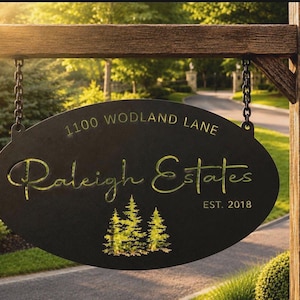 Personalized Sign Evergreen Tree Custom Door Plaque Oval Metal Address Sign Outdoor Family Name Marker Entrance Rustic Home Wall Gift Realto image 1