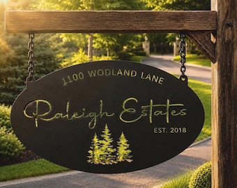 Personalized Sign Evergreen Tree Custom Door Plaque Oval Metal Address Sign Outdoor Family Name Marker Entrance Rustic Home Wall Gift Realto