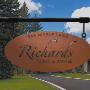 Metal Address Sign Custom House Number Plaque Personalized Name Oval Metal Family Sign Laser Cut Outdoor Entrance Rustic Farmhouse Sign