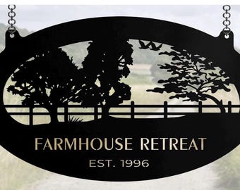 Large Metal Sign with trees and wooden fence customized with your name