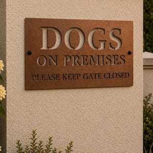 Pu&ograve; includere: Un cartello rettangolare in metallo marrone con lettere ritagliate che recitano DOGS ON PREMISES e testo inciso sotto che recita PLEASE KEEP GATE CLOSED. Il cartello &egrave; fissato con due elementi di fissaggio circolari neri sui lati.