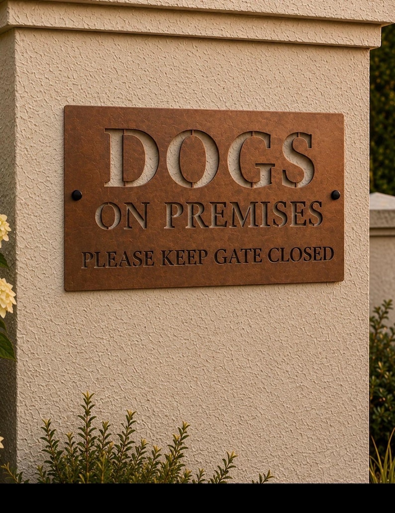 Pu&ograve; includere: Un cartello rettangolare in metallo marrone con lettere ritagliate che recitano DOGS ON PREMISES e testo inciso sotto che recita PLEASE KEEP GATE CLOSED. Il cartello &egrave; fissato con due elementi di fissaggio circolari neri sui lati.