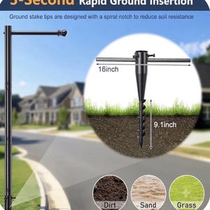 Puede incluir: Una estaca de suelo de metal negro para m&aacute;stiles con un dise&ntilde;o de muesca en espiral para su inserci&oacute;n. La estaca mide 40,64 cm de ancho y 23,11 cm de profundidad. El texto dice 3-Second Rapid Ground Insertion y Ground stake tips are designed with a spiral notch to reduce soil resistance. Se muestra para uso en tierra, arena y c&eacute;sped.