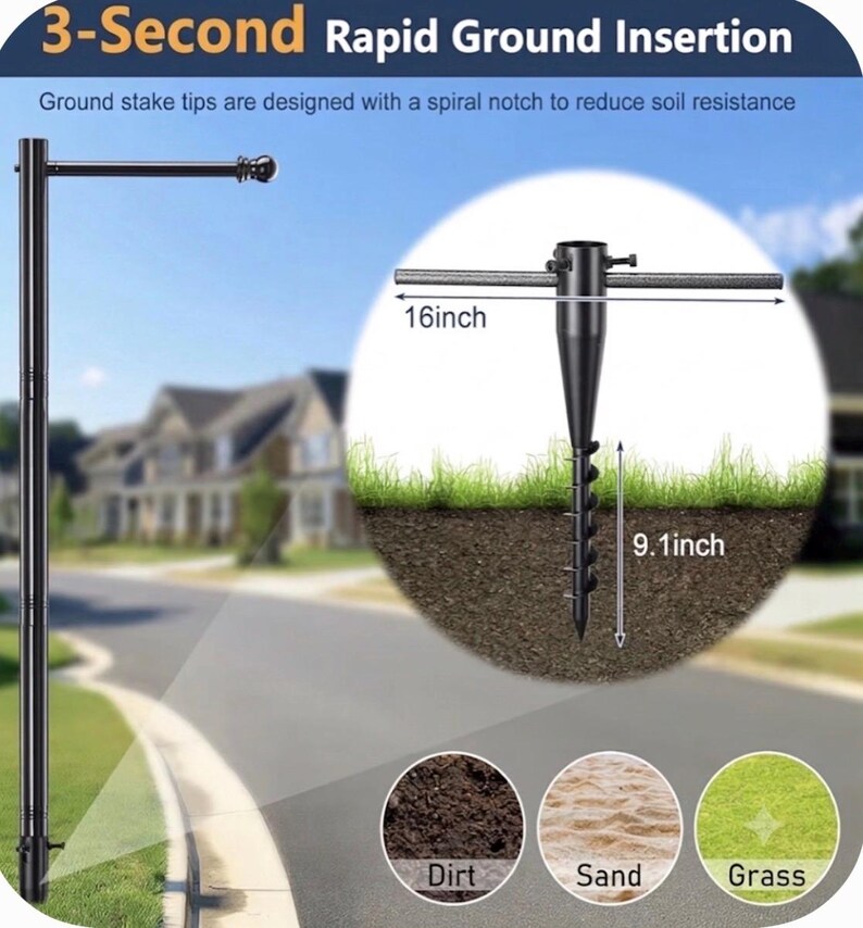 Puede incluir: Una estaca de suelo de metal negro para m&aacute;stiles con un dise&ntilde;o de muesca en espiral para su inserci&oacute;n. La estaca mide 40,64 cm de ancho y 23,11 cm de profundidad. El texto dice 3-Second Rapid Ground Insertion y Ground stake tips are designed with a spiral notch to reduce soil resistance. Se muestra para uso en tierra, arena y c&eacute;sped.