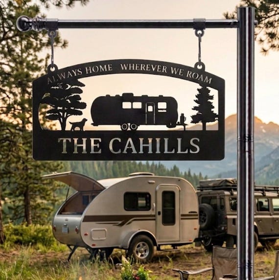 Metal Camper Sign Personalized Family Name Custom Rv Gift Dad Christmas Husband Camping Enthusiast Travel Adventure Trailer Dog Airstream