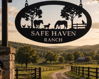 Letrero de granja personalizado, arte de metal, regalo personalizado para papá de rancho, Navidad, animales grandes, caballos, perros, gatos, exterior, rústico, exhibición de pared de granja, campestre