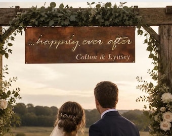 Signe de mariage « Happy Ever After », nom de couple personnalisé, cadeau d'anniversaire personnalisé, mariage romantique, mariée rustique, marié