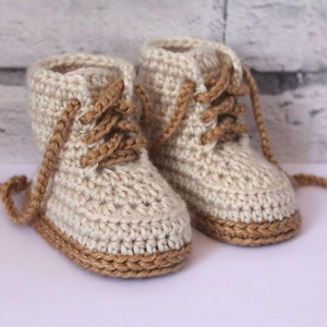 CROCHET PATTERN English Language Only "Combat Boot” Crochet Pattern, Beige Construction Baby Booties, trending baby shower ideas, white