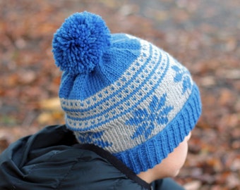 KNITTING PATTERN - "Kayden Snowflake Beanie" Boys Winter nordic Beanie Pattern, pompom hat